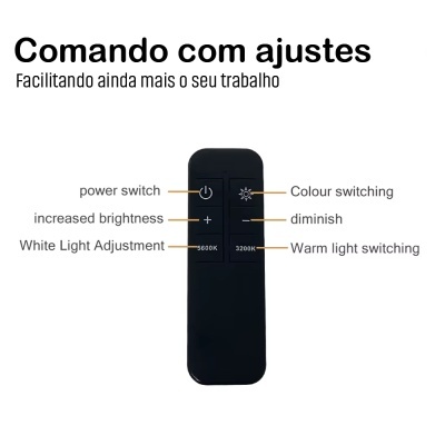 Comando remoto preto com botões para ajuste de luz e texto em português sobre funcionalidades