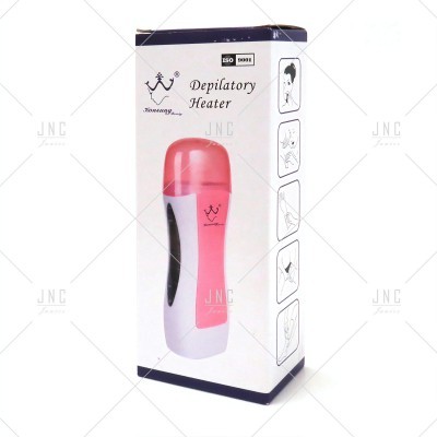 Caixa de embalagem branca e rosa de aquecedor depilatório com texto e pictogramas de uso.