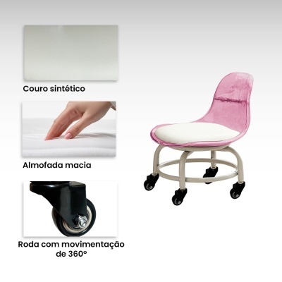 Cadeira com assento branco em couro sintético e encosto rosa, rodas móveis