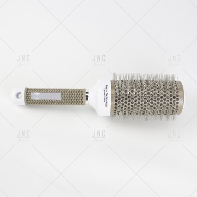 Escova de cabelo redonda com cerdas metálicas cinza e branco