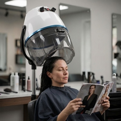 Máquina de secar cabelo branca com detalhes azuis em cabeleireiro