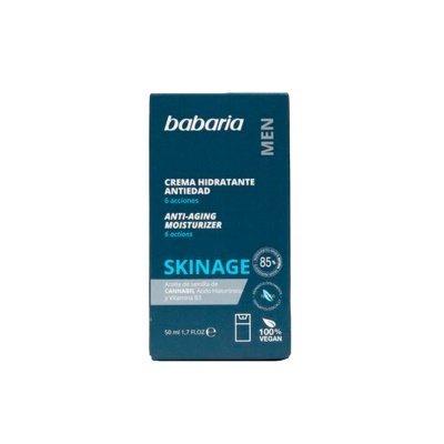 Creme hidratante Babaria MEN SKINAGE antiedad embalado em caixa azul escura com texto branco e azul claro