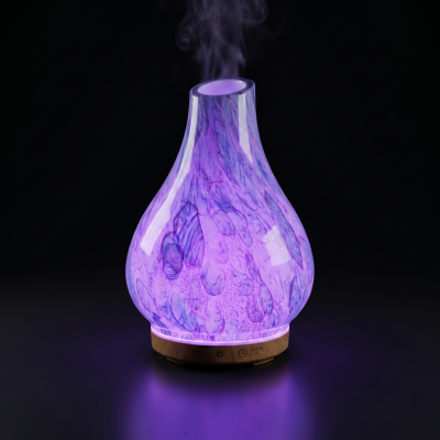 Difusor de aroma roxo com padrão marmoreado e base de madeira
