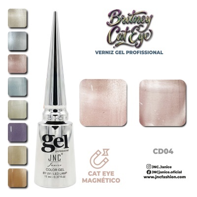 Verniz gel profissional JNC Janice prateado com amostras de cores metalizadas e neutras e indicação Cat Eye Magnético.