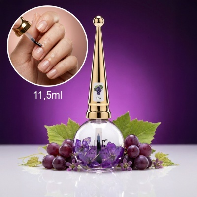 Frasco de verniz para unhas decorado com flores roxas e uvas