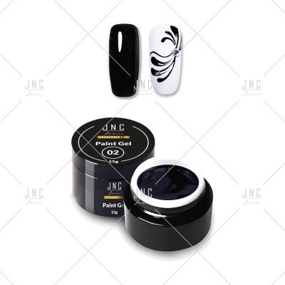 Verniz gel preto JNC Paint Gel 02 com amostras de unhas decoradas