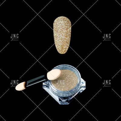 Glitter dourado em pó com aplicador e amostra sobre fundo preto