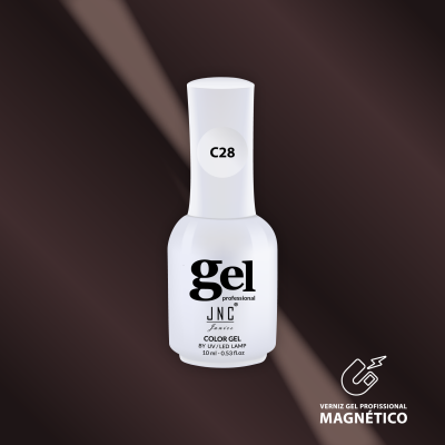 Frasco branco de verniz gel profissional JNC com código C28 e texto informativo, fundo castanho com texto sobre verniz magnético.