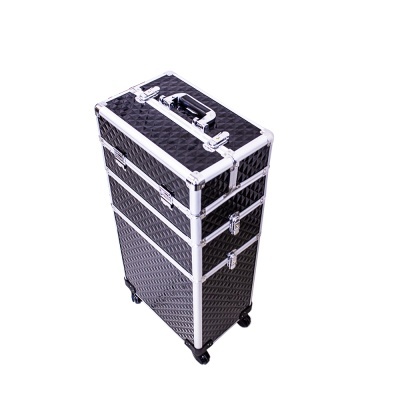 Maleta de maquilhagem preta com moldura prateada e rodas