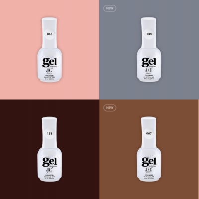 Quatro frascos de verniz gel brancos com números diferentes e etiqueta 'NEW' em dois fundos coloridos diferentes