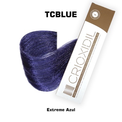 Tubo de tinta de cabelo Criorxidil cor azul extrema com amostra de cabelo azul