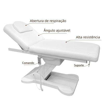 Cama de massagem elétrica branca com comando e estrutura ajustável.