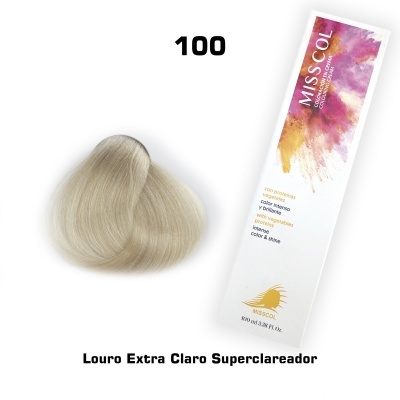 Amostra de cabelo louro extra claro com embalagem branca e colorida da Miss Col