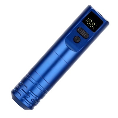 Dispositivo cilíndrico azul metálico com ecrã digital e botões