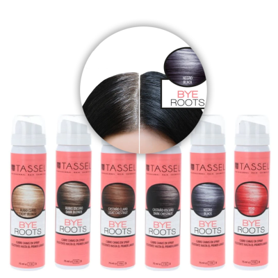 Seis latas spray Tassei BYE ROOTS para disfarçar raízes com várias cores