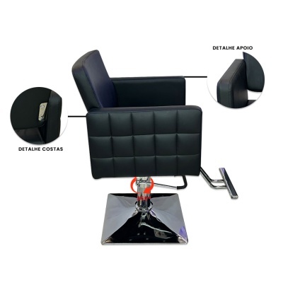 Cadeira de barbeiro preta com base cromada e detalhes destacados
