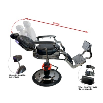 Cadeira de barbeiro preta reclinável com apoio ajustável e pedal confortável