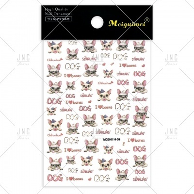 Folha de autocolantes para unhas com cães Chihuahua, textos variados e embalagem preta com texto amarelo