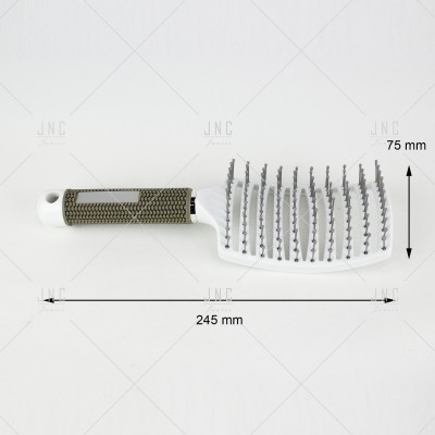 Escova de cabelo branca com cerdas finas cinzentas e cabo antiderrapante cinzento