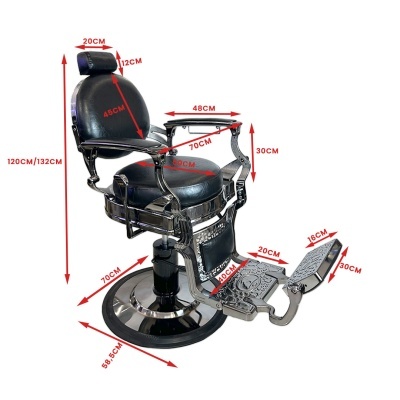 Cadeira de barbeiro preta e prata com estofos em couro e várias medições em vermelho