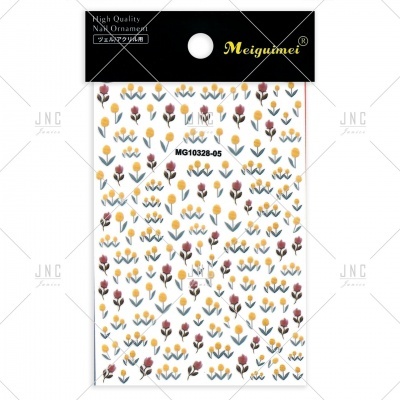 Adesivos para unhas com padrão floral colorido em embalagem com cabeçalho preto