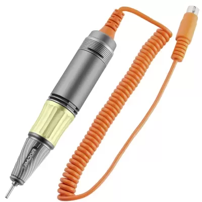 Caneta elétrica metálica cinza e amarela para manicure com cabo espiral laranja