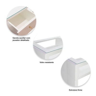 Mesa de apoio branca com tampo de vidro e gaveta com puxador detalhado dourado