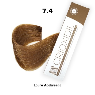 Tonalizante CRIOXIDIL 7.4 Louro Acobreado com amostra de cor de cabelo