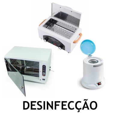 Três equipamentos para desinfecção, incluindo esterilizador portátil, forno com porta aberta e aparelho cilíndrico com tampa azul aberta