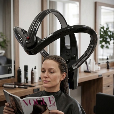 Mulher a usar aparelho de secagem de cabelo e a ler revista VOGUE HAIR