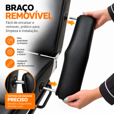 Braço removível preto de cadeira sendo encaixado e removido por mãos com unhas azuis