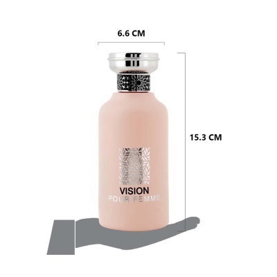 Frasco de perfume rosa com tampa prateada e padrão preto