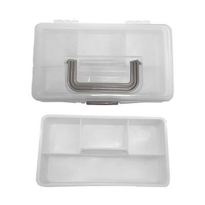 Caixa organizadora de plástico branco com tampa e tabuleiro removível