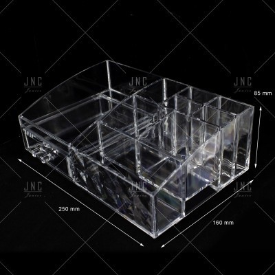 Organizador acrílico transparente com múltiplos compartimentos e medidas visíveis