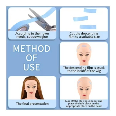 Instruções em inglês para uso de película adesiva para perucas ilustradas com manequins e tesoura.