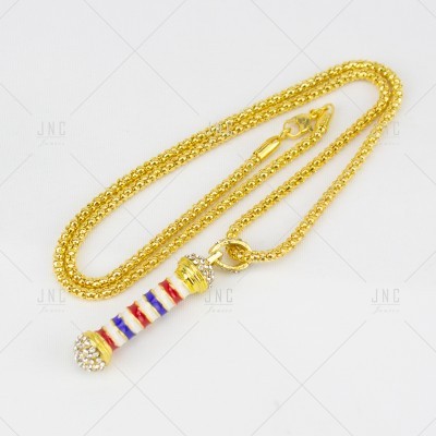 Colar dourado com pendente em bastão listrado vermelho, branco e azul