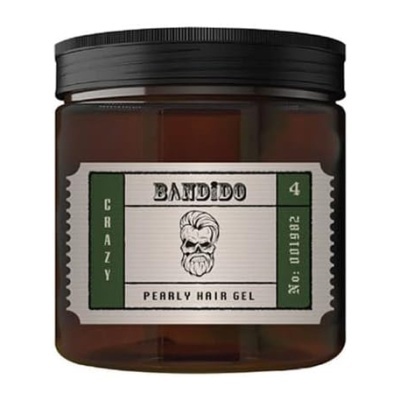 Frasco castanho de gel para cabelo BANDIDO com tampa preta e rótulo branco e verde