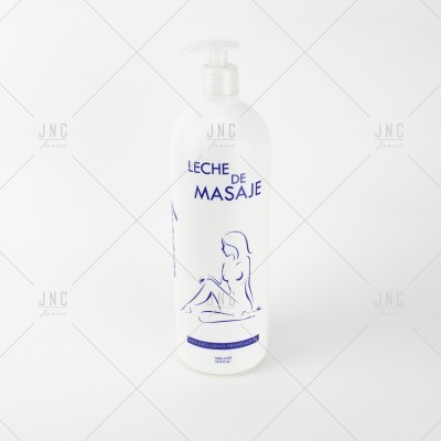 Frasco branco com tampa de bomba e rótulo azul com texto e ilustração de mulher sentada