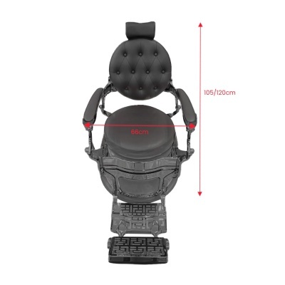 Cadeira de barbeiro preta acolchoada vista de cima e medidas indicadas