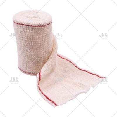 Bandagem elástica branca com bordas vermelhas em rolo