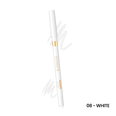 Lápis de olhos branco com detalhes dourados e texto 'LAVSKIN EYESHADOW PENCIL' em fundo branco