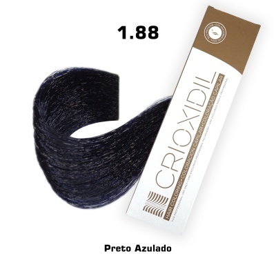 amostra de fio preto azulado e embalagem do produto CRIOXIDIL