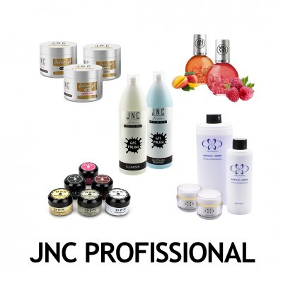 Produtos cosméticos JNC PROFESSIONAL em várias embalagens e cores, incluindo potes, garrafas e frascos.