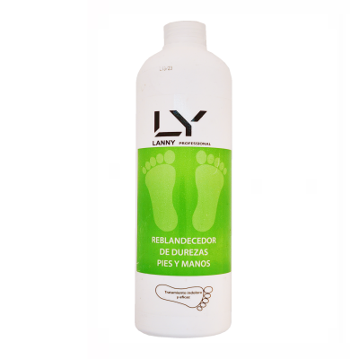 Frasco branco de produto LANNY PROFESSIONAL para pés e mãos com etiqueta verde e pegadas