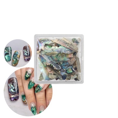 Lascas iridescentes para decoração de unhas em caixa plástica com exemplos de aplicação