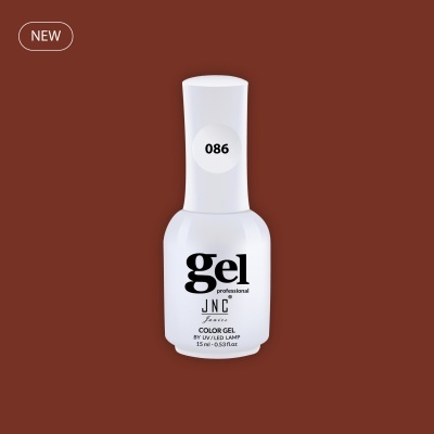 Frasco branco de verniz gel profissional número 086 sobre fundo castanho