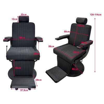 Cadeira de barbear preta com medidas em centímetros destacadas