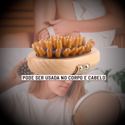 Massageador de madeira com esferas e texto sobre uso no corpo e cabelo