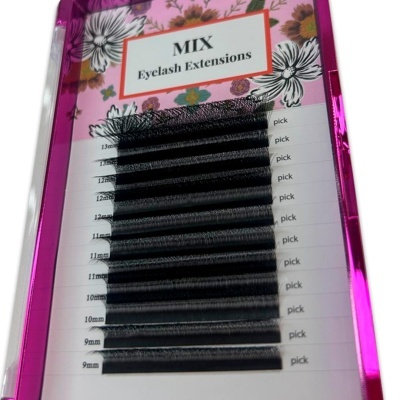 Extensões de pestanas pretas em embalagem rosa metálica com flores e texto MIX Eyelash Extensions