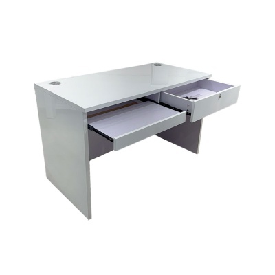 Secretária branca lacada com duas gavetas e orifício para cabos